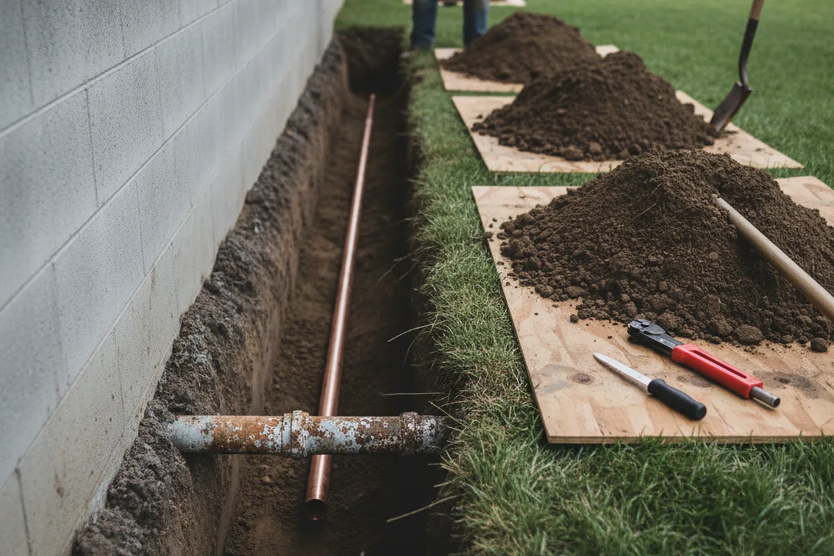 Excavated water line trench during Water Heater Repair in Louvale